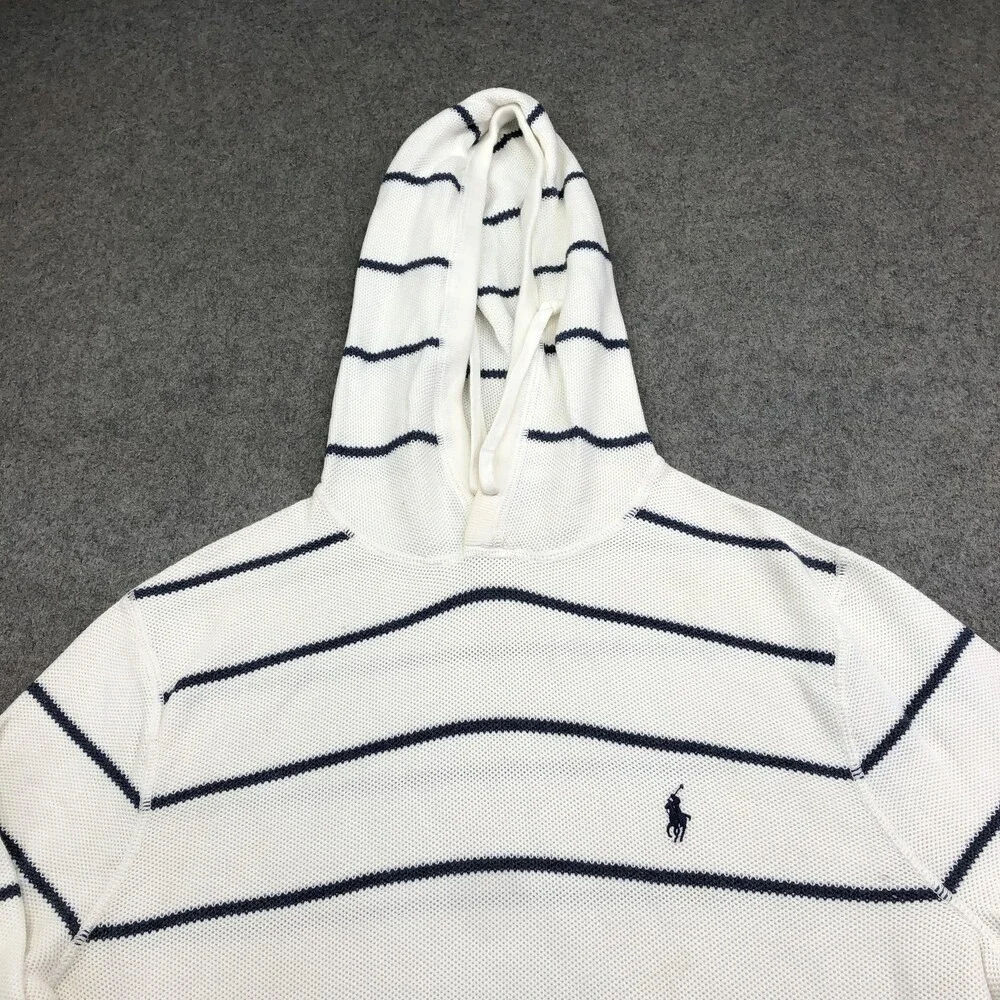Polo Ralph Lauren Sweater Mens Large White Striped Hooded Pima Cotton Logo